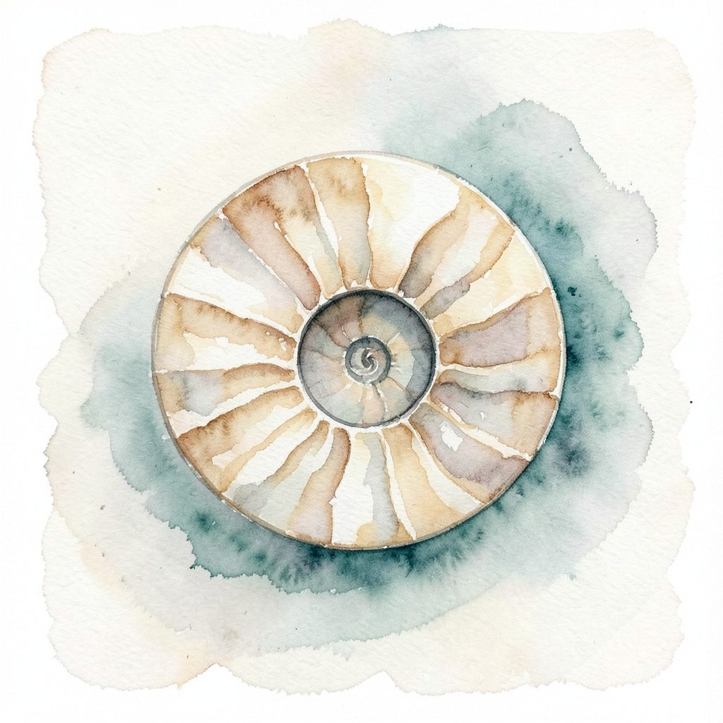 A soft watercolour painting of a close-up ammonite fossil spiral in warm cream, beige, and soft grey tones against a pale background, with delicate brushstrokes suggesting texture and age.