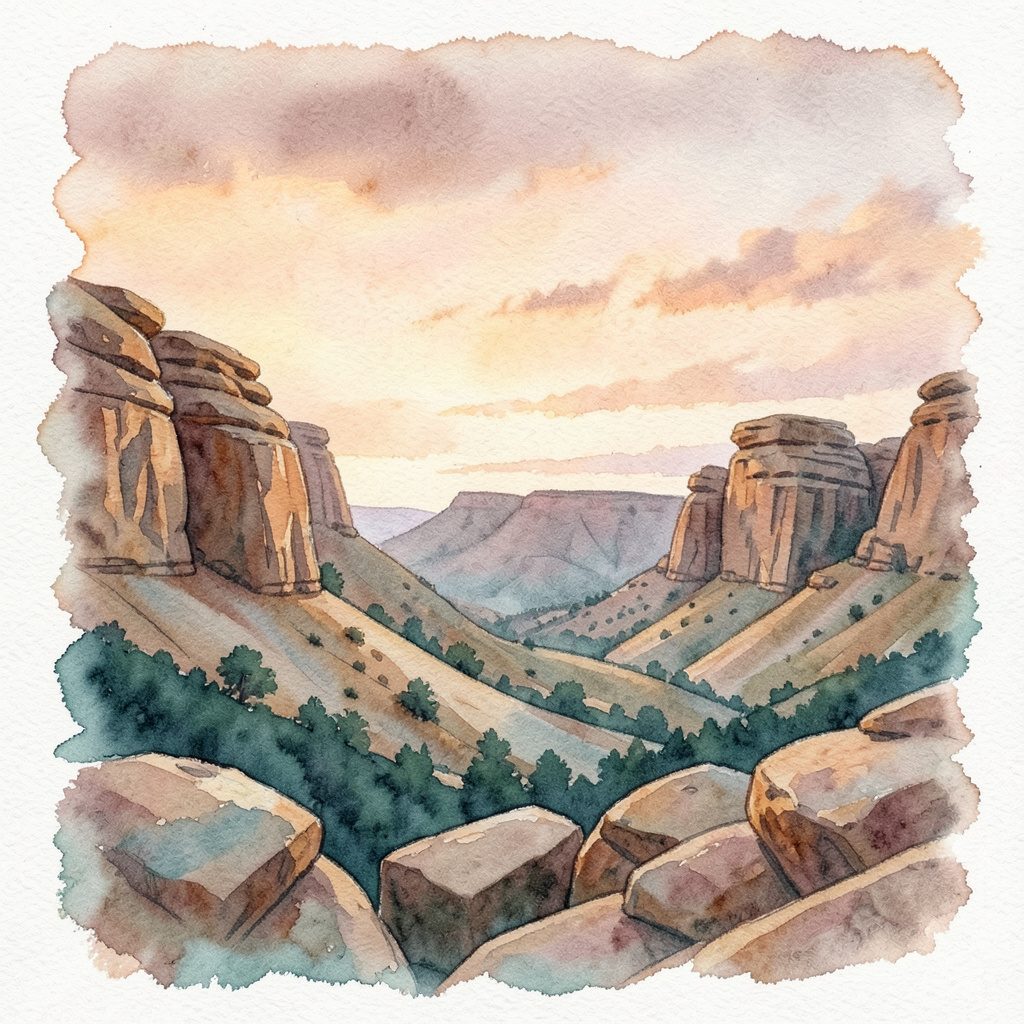 A soft watercolour painting of a rocky desert landscape at dusk, with warm amber and dusty rose skies above layered sandstone formations, conveying a sense of ancient earth and discovery.