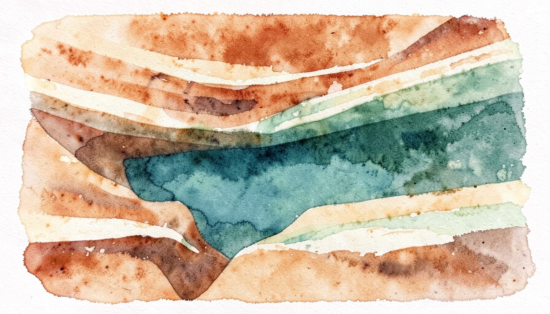 A soft watercolour painting of a sunlit canyon wall with horizontal bands of rust, cream, and pale green, suggesting sedimentary layers rich with fossil potential.