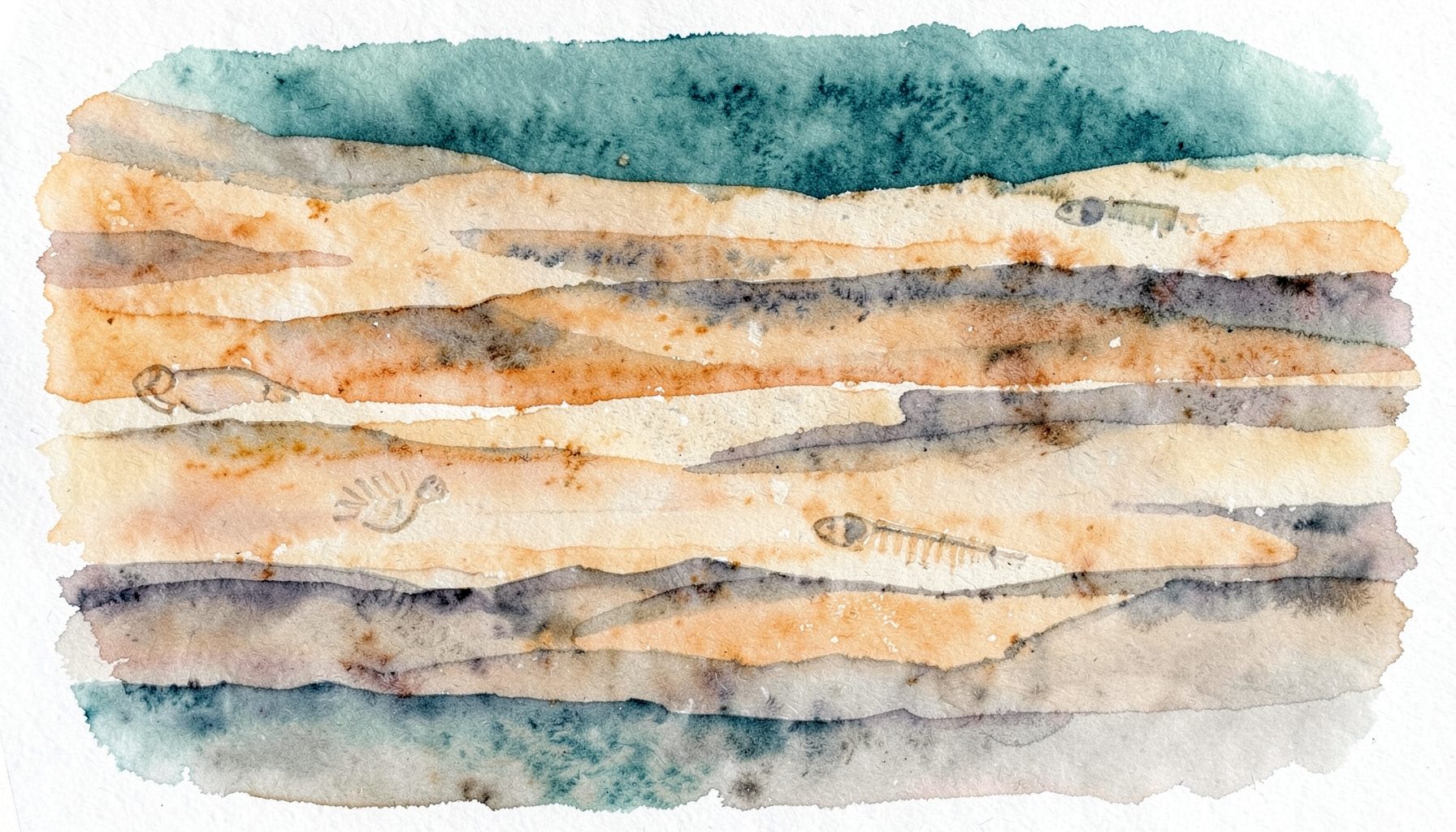 A soft watercolour painting of layered sedimentary rock strata in warm ochre, tan, and muted grey tones, with subtle fossil-like impressions embedded in the stone, evoking a quiet natural history mood.
